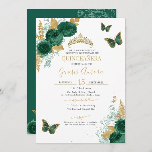 エメラルドグリーン&金ゴールドフローラバタフライキンセアニラ 招待状 (正面/裏面)