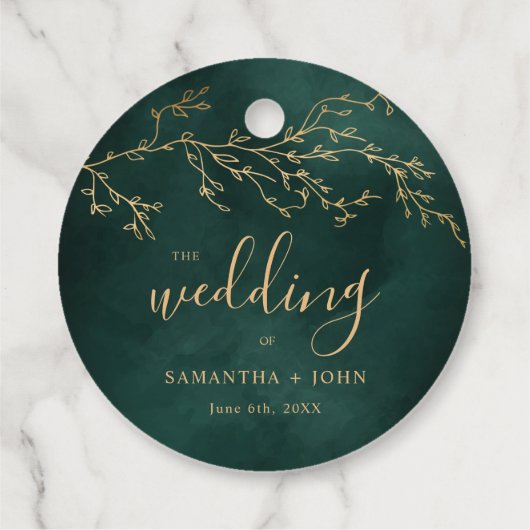 エメラルドグリーン&金ゴールドボタニカルエレガントウェディング フェイバータグ (裏面)