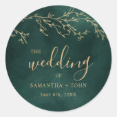 エメラルドグリーン&金ゴールドボタニカルエレガントウェディング ラウンドシール (正面)