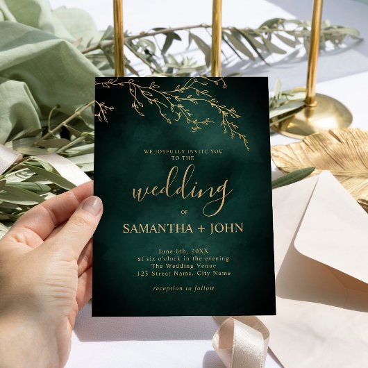 エメラルドグリーン&金ゴールドボタニカルエレガントウェディング 招待状