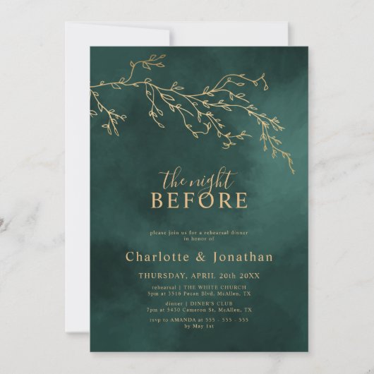 エメラルドグリーン&金ゴールドボタニカルリハーサルディナー 招待状 (正面)