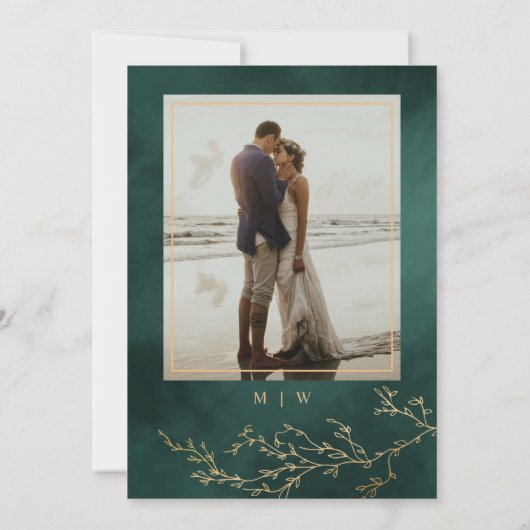 エメラルドグリーン&金ゴールドボタニカル婚約パーティ 招待状 (裏面)