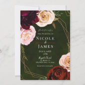 エメラルドグリーン&金ゴールドモダンダークフローラ結婚ズ 招待状 (正面)