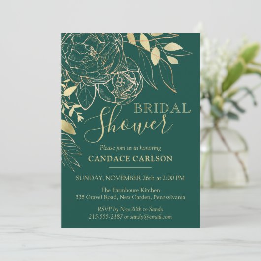 エメラルドグリーン&金ゴールドモダンフローラブライダルシャワー 招待状 (スタンド正面)