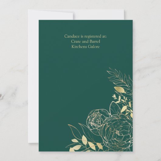 エメラルドグリーン&金ゴールドモダンフローラブライダルシャワー 招待状 (裏面)