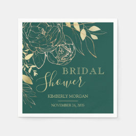 エメラルドグリーン&金ゴールドモダンフローラブライダルシャワーN スタンダードカクテルナプキン
