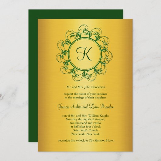 エメラルドグリーン&金ゴールドモノグラム結婚式招待状 招待状 (正面/裏面)