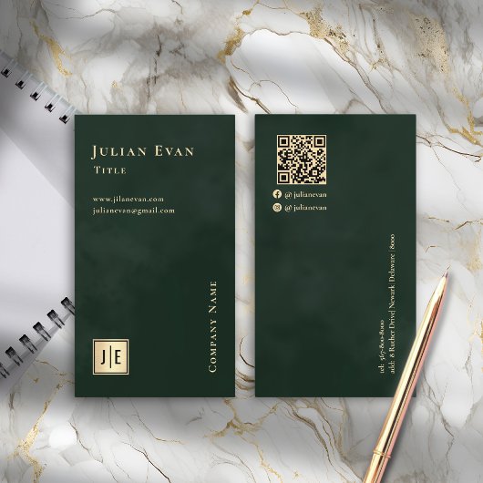 エメラルドグリーン&金ゴールドルクスモノグラムバーティカル 名刺
