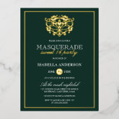 エメラルドグリーン&金ゴールド仮装スウィート16パーティー 箔招待状ポストカード (正面)