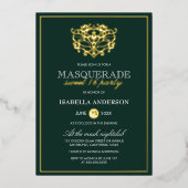エメラルドグリーン&金ゴールド仮装スウィート16パーティー 箔招待状 (正面)