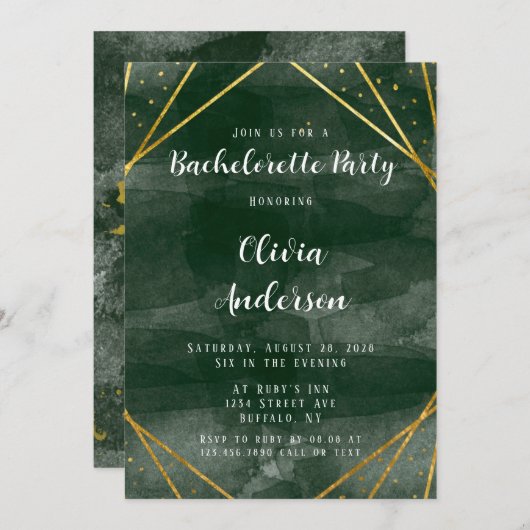 エメラルドグリーン&金ゴールド幾何学的バチェロレッテ 招待状 (正面/裏面)