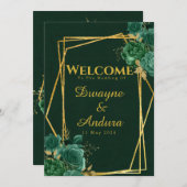 エメラルドグリーン&金ゴールド幾何学的フローラ結婚ズ 招待状 (正面/裏面)