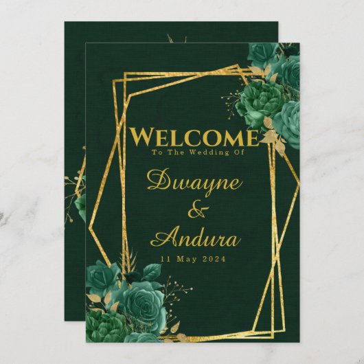 エメラルドグリーン&金ゴールド幾何学的フローラ結婚ズ 招待状 (正面/裏面)