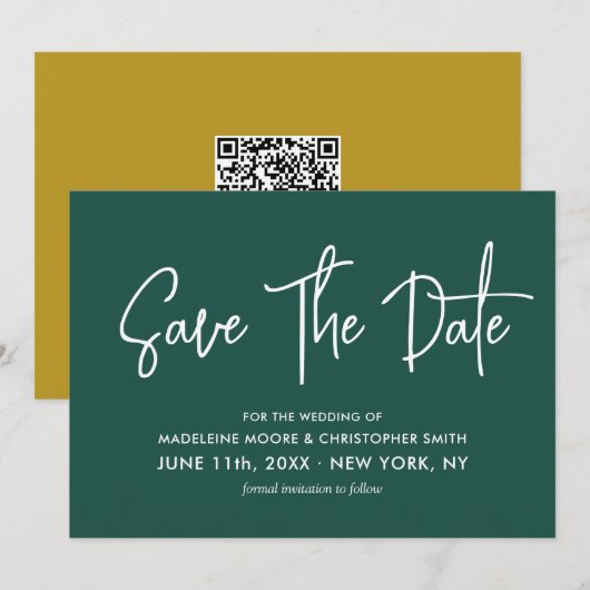 エメラルドグリーン&金ゴールド書道スキャンQRコード セーブザデート (正面/裏面)