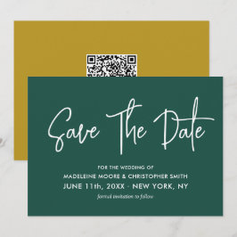 エメラルドグリーン&金ゴールド書道スキャンQRコード セーブザデート