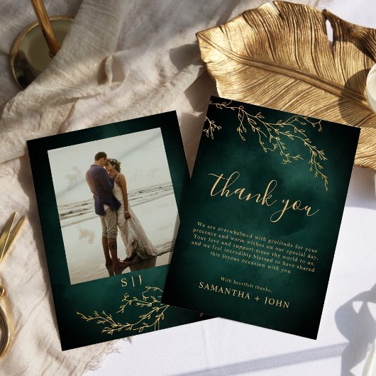 エメラルドグリーン&金ゴールド結婚ボタニカル写真 サンキューカード