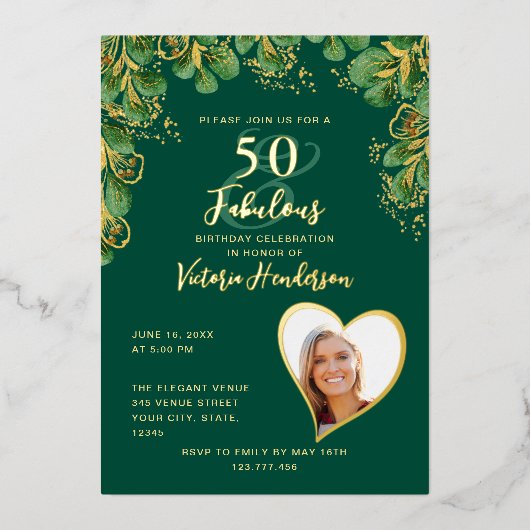 エメラルドグリーン&金ゴールド50&ファブラス誕生日 箔招待状 (正面)