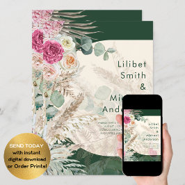 エメラルドグリーンBOHOフローラピンク結婚ズ 招待状