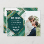 エメラルドゴールドアブストラクトアゲート大理石 Save the Date 案内ポストカード (正面/裏面)