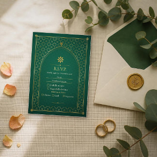 エメラルドゴールドイスラム結婚式RSVP 出欠カード