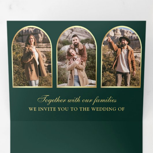 エメラルドゴールド ミニマル アーチ フォト QR コード ウェディング 三つ折り招待状 (内部最初)