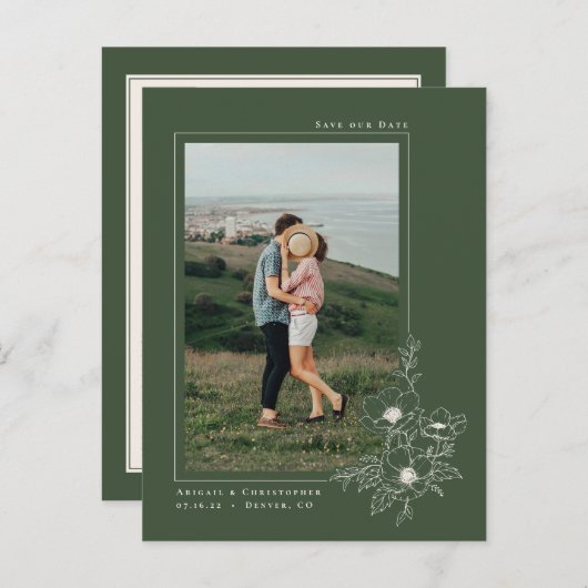 エメラルドシンプルアネモネアートフローラ日付を保存 案内ポストカード (正面/裏面)