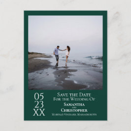 エメラルドシンプルグリーンウェディング日付写真を保存 ポストカード