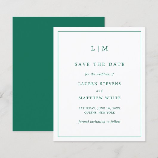 エメラルドシンプルグリーンバジェットウェディング日付を保存 (正面/裏面)