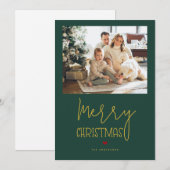 エメラルドシンプルグリーン金ゴールドメリークリスマスフォト シーズンカード (正面/裏面)