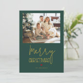エメラルドシンプルグリーン金ゴールドメリークリスマスフォト シーズンカード (スタンド正面)
