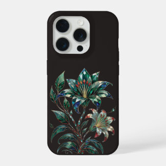 エメラルドジュエルの植物ブラックラグジュアリーフローラル iPhone 15 PROケース