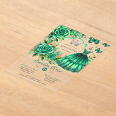 エメラルドスウィート15キンセアニェラグリーンドレスバタフライ アクリル招待状 (レイダウン)