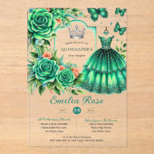 エメラルドスウィート15キンセアニェラグリーンドレスバタフライ アクリル招待状 (正面)