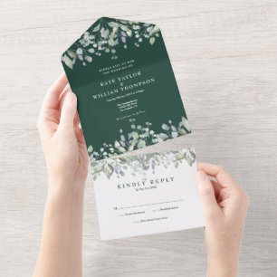 エメラルドセージと薄紫フローラモノグラム結婚ズ オールインワン招待状