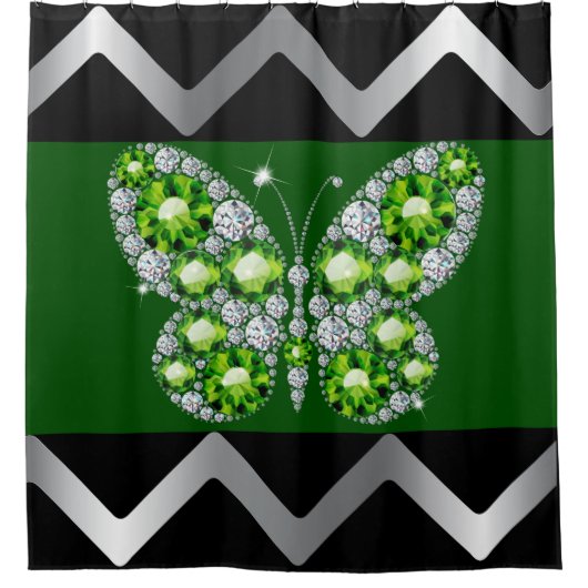 エメラルドダイアモンズラインストーンバタフライ シャワーカーテン (正面)