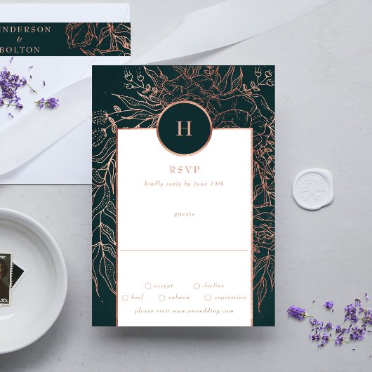 エメラルドダスティバラ金ゴールドモノグラムリース結婚ズ 出欠カード