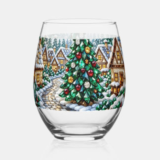 エメラルドツリークリスタルの宝石で飾られたクリスマスの村 ステムなしワイングラス