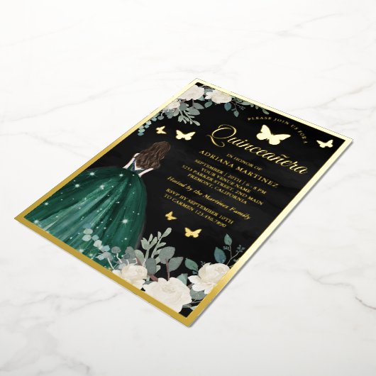 エメラルドドドレスバタフライブラックキンセアニェラ金ゴールド 箔招待状 (回転した状態)