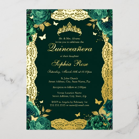 エメラルドバラレースバタフライキンセアニェラ誕生日 箔招待状 (正面)