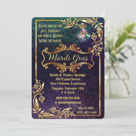 エメラルドパープルゴールデンマルディグラスマスカレードパーティー 招待状 (スタンド正面)