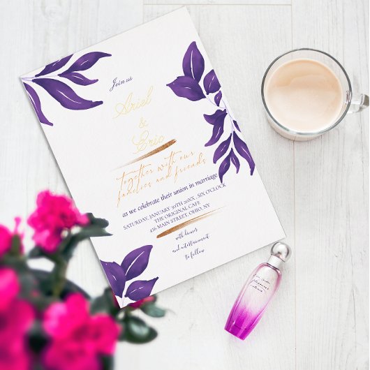 エメラルドパープル&金ゴールドユーカリ結婚プス 箔招待状