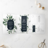 エメラルドヒューズ植物緑とネイビー結婚ズ 三つ折り招待状 (内部)