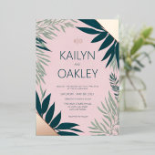 エメラルドピンクの葉の結婚緑のバラ金ゴールド 箔招待状 (立ち正面)