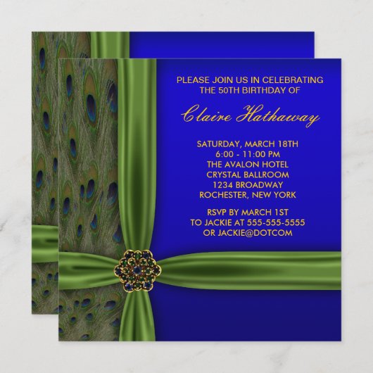エメラルドピーコック金ゴールド50th誕生日招待状 招待状 (正面/裏面)