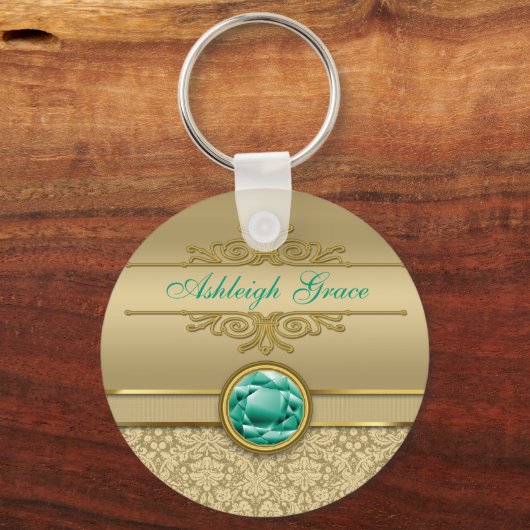 エメラルドフェイク宝石メタリック光沢金ゴールドダマスク キーホルダー (正面)