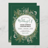エメラルドフォレストグリーンフェイク押し花結婚の花 招待状 (正面/裏面)