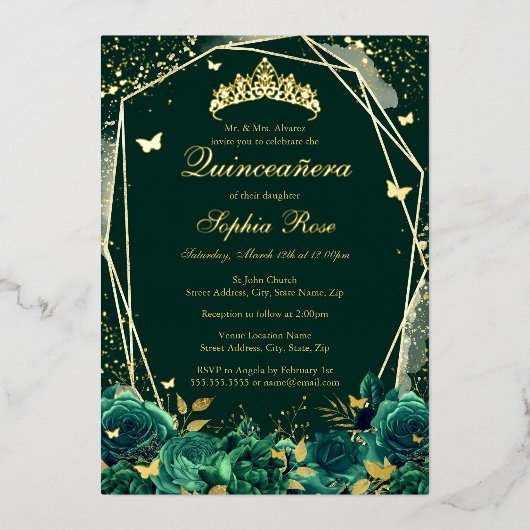 エメラルドフローラバタフライティアラキンセアニェラ 箔招待状 (正面)