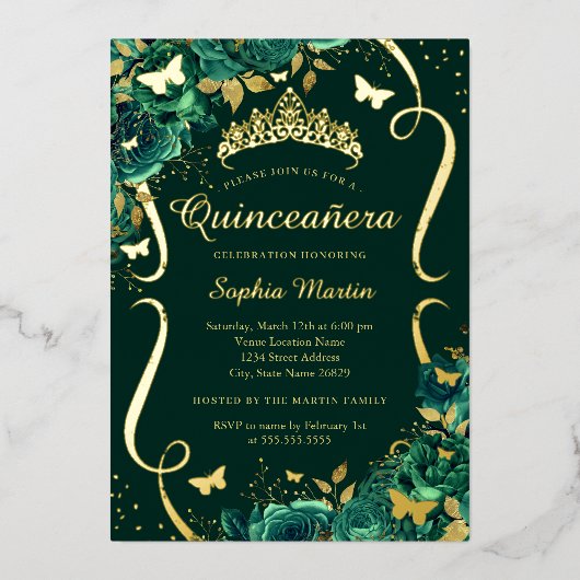 エメラルドフローラバタフライティアラキンセアニェラ 箔招待状 (正面)