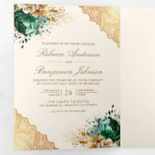 エメラルドフローラ金ゴールドレースQRコードクリー結婚ム 三つ折り招待状 (内部最初)