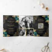 エメラルドフローラ金ゴールドレースQRコードブラック結婚ズ 三つ折り招待状 (内部)